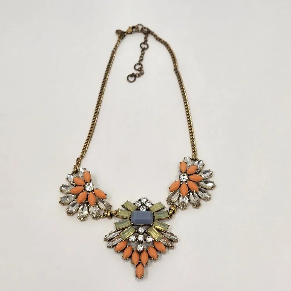 J Crew Orange Green Clear Rhinestone Cluster Statement Necklace Gold Tone